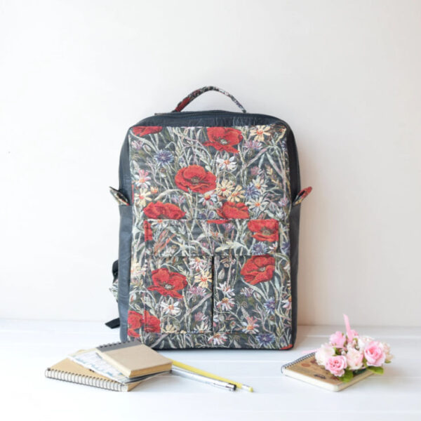 Backpack, vertically square-shaped bag, laptop bag, women's backpack, backpack purse, school backpack, travel bag, black with poppies