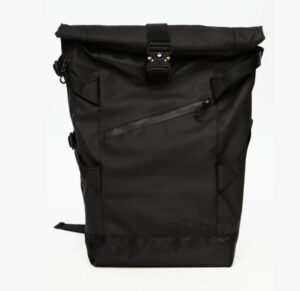 Black roll-top backpack with a metal buckle and laptop compartment