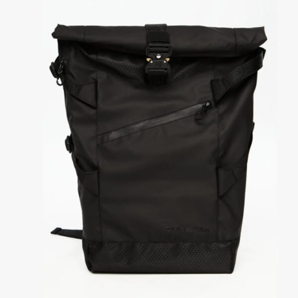 Black roll-top backpack with a metal buckle and laptop compartment