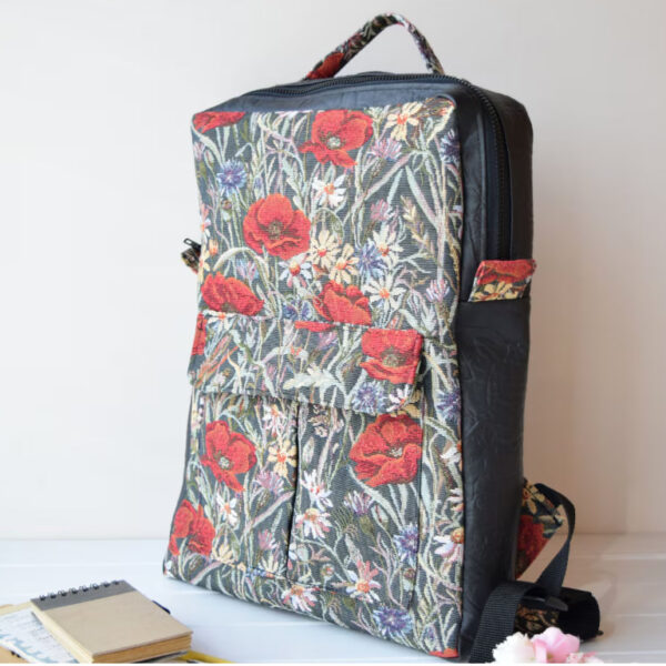 Second image of Backpack, vertically square-shaped bag, laptop bag, women's backpack, backpack purse, school backpack, travel bag, black with poppies