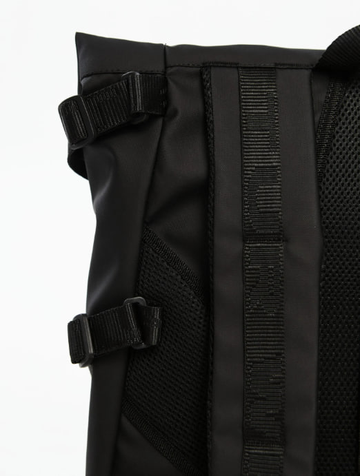 Second image of Black roll-top backpack with a metal buckle and laptop compartment