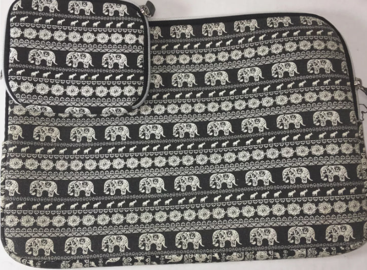 Laptop Tablet Sleeve Case Bag Foam Lined Black With Elephants Matching purse